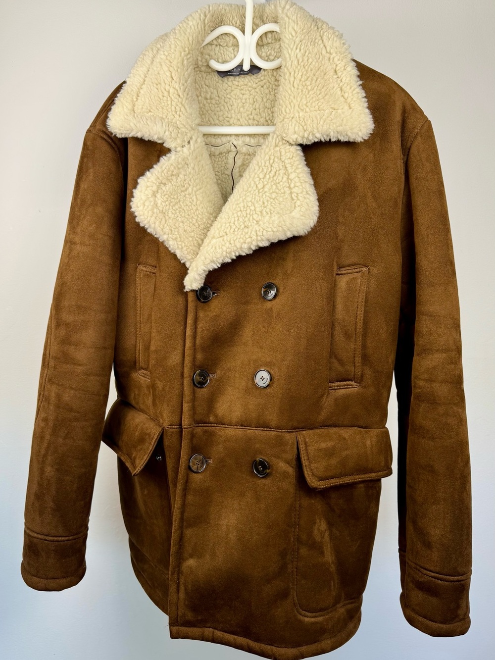 Zara Man Faux Shearling Coat Brown Double Breasted Jacket XL